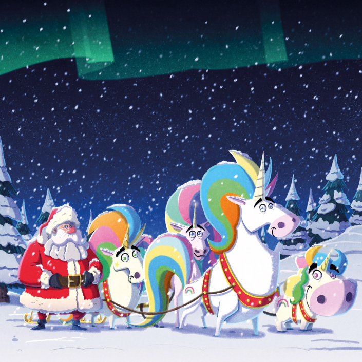 cover of "The Unicorns Who Saved Christmas" book, illustrated by Christian Cornia