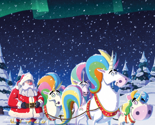 cover of "The Unicorns Who Saved Christmas" book, illustrated by Christian Cornia